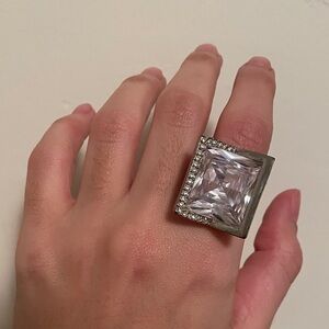 Statement Square-Cut Crystal Cocktail Ring - Clear Silver